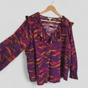 Ruffled Blouse Button up Burgundy Amber Cotton Rayon Dark Feminine Plus 1X